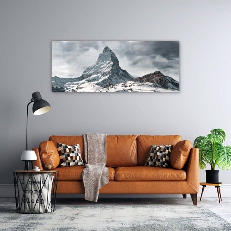 Schilderij Panoramisch uitzicht over ruige Zwitserse bergen | 150 x 60 cm glasschilderij Schilderij Panoramisch uitzicht over ruige Zwitserse bergen | 150 x 60 cm glasschilderij