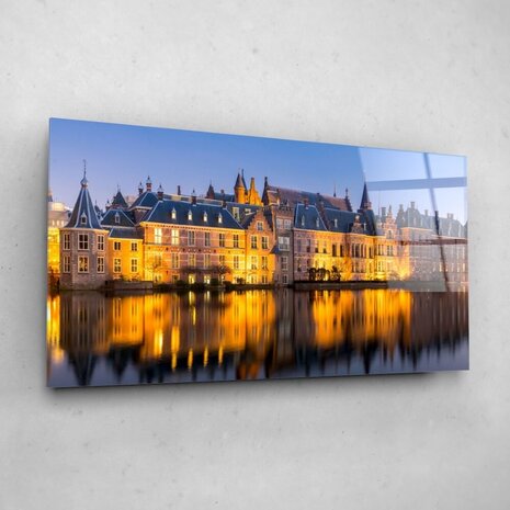 Schilderij Het Nederlands parlement vanaf de Hofvijver | 100 x 50 cm glasschilderij Schilderij Het Nederlands parlement vanaf de Hofvijver | 100 x 50 cm glasschilderij
