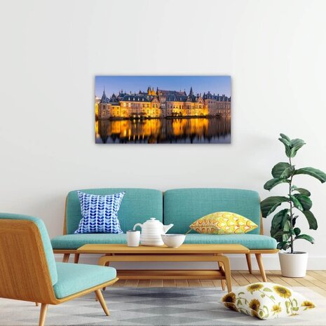 Schilderij Het Nederlands parlement vanaf de Hofvijver | 100 x 50 cm glasschilderij Schilderij Het Nederlands parlement vanaf de Hofvijver | 100 x 50 cm glasschilderij