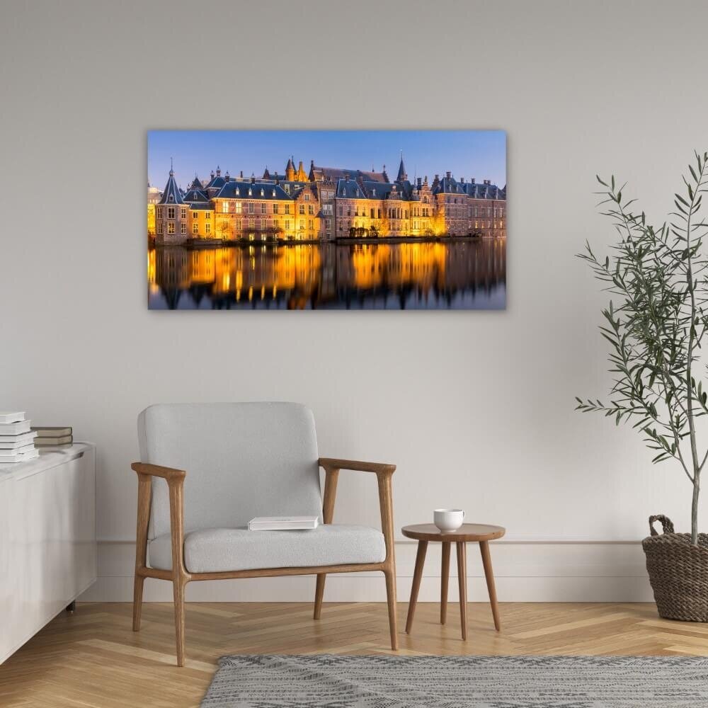 Schilderij Het Nederlands parlement vanaf de Hofvijver | 100 x 50 cm glasschilderij Schilderij Het Nederlands parlement vanaf de Hofvijver | 100 x 50 cm glasschilderij