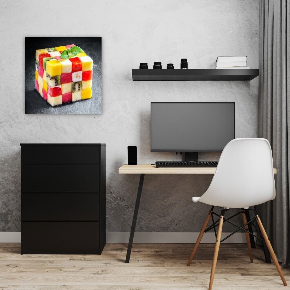 Schilderij Kleurrijke kubus van blokjes fruit | 50 x 50 cm glasschilderij Schilderij Kleurrijke kubus van blokjes fruit | 50 x 50 cm glasschilderij