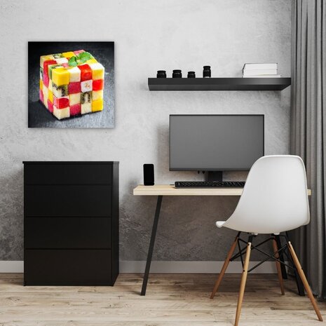 Schilderij Kleurrijke kubus van blokjes fruit | 50 x 50 cm glasschilderij Schilderij Kleurrijke kubus van blokjes fruit | 50 x 50 cm glasschilderij