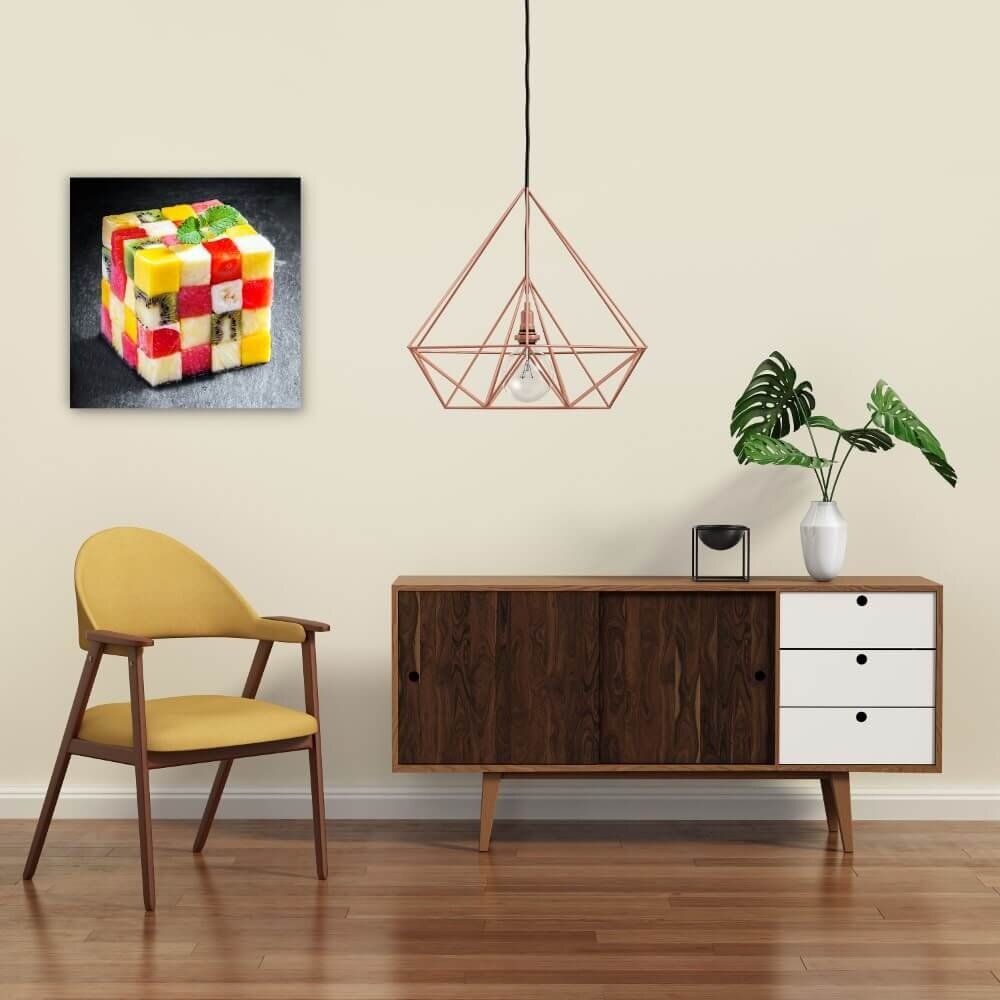 Schilderij Kleurrijke kubus van blokjes fruit | 50 x 50 cm glasschilderij Schilderij Kleurrijke kubus van blokjes fruit | 50 x 50 cm glasschilderij