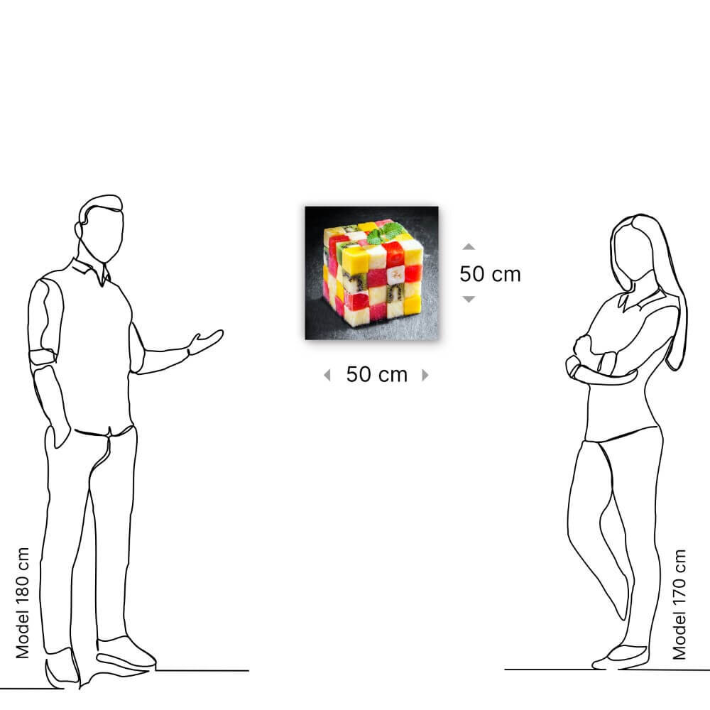 Schilderij Kleurrijke kubus van blokjes fruit | 50 x 50 cm glasschilderij Schilderij Kleurrijke kubus van blokjes fruit | 50 x 50 cm glasschilderij