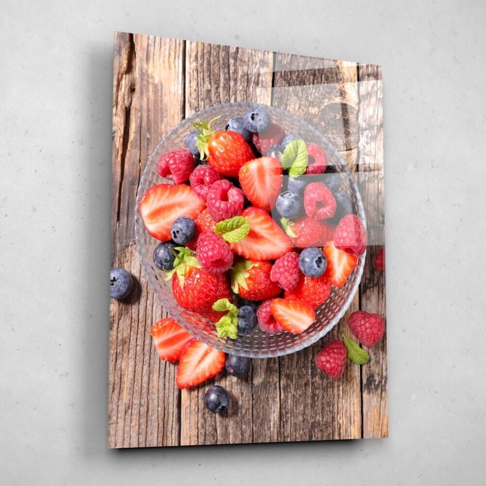 Schilderij Plateau met aardbei en framboos | 75 x 100 cm glasschilderij Schilderij Plateau met aardbei en framboos | 75 x 100 cm glasschilderij