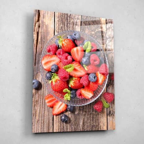 Schilderij Plateau met aardbei en framboos | 75 x 100 cm glasschilderij Schilderij Plateau met aardbei en framboos | 75 x 100 cm glasschilderij
