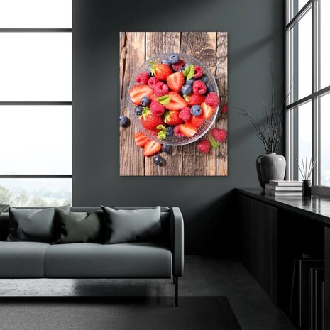 Schilderij Plateau met aardbei en framboos | 75 x 100 cm glasschilderij Schilderij Plateau met aardbei en framboos | 75 x 100 cm glasschilderij