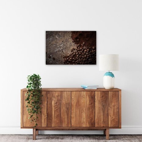 Schilderij Mooie collage van gemalen koffie en bonen | 90 x 60 cm glasschilderij Schilderij Mooie collage van gemalen koffie en bonen | 90 x 60 cm glasschilderij
