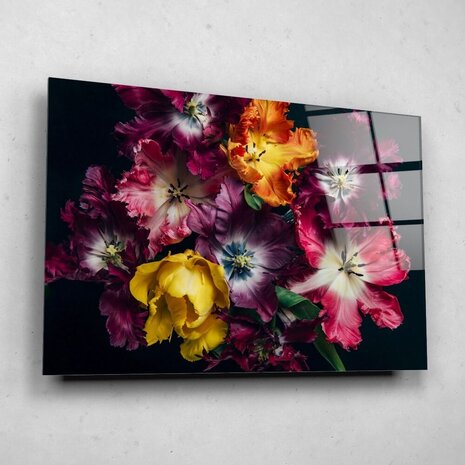 Schilderij Frivole tulpen in paars roze en geel | 60 x 40 cm glasschilderij Schilderij Frivole tulpen in paars roze en geel | 60 x 40 cm glasschilderij