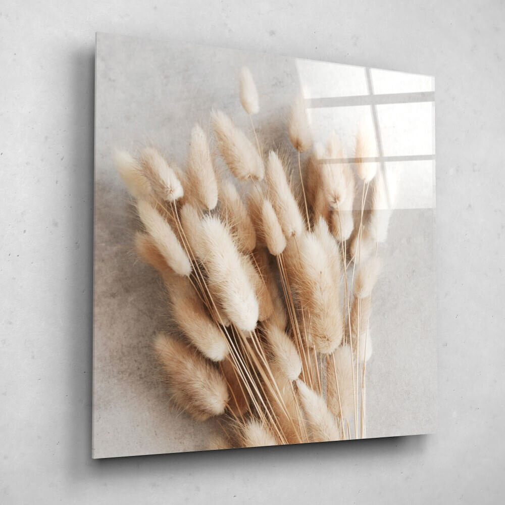 Schilderij Liggend boeket pluizige rietstengels | 60 x 60 cm glasschilderij Schilderij Liggend boeket pluizige rietstengels | 60 x 60 cm glasschilderij