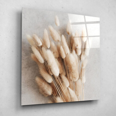 Schilderij Liggend boeket pluizige rietstengels | 60 x 60 cm glasschilderij Schilderij Liggend boeket pluizige rietstengels | 60 x 60 cm glasschilderij