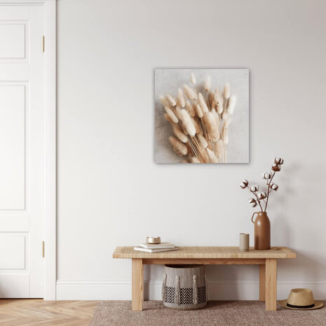 Schilderij Liggend boeket pluizige rietstengels | 60 x 60 cm glasschilderij Schilderij Liggend boeket pluizige rietstengels | 60 x 60 cm glasschilderij