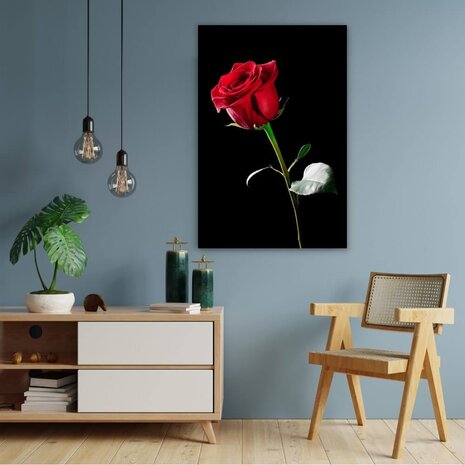 Schilderij Portret van enkele rode roos | 60 x 90 cm glasschilderij Schilderij Portret van enkele rode roos | 60 x 90 cm glasschilderij