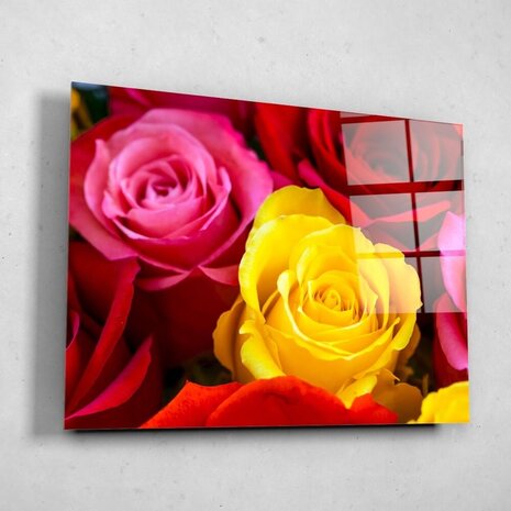 Schilderij Zonnig boeket van rode roze en gele rozen | 80 x 60 cm glasschilderij Schilderij Zonnig boeket van rode roze en gele rozen | 80 x 60 cm glasschilderij