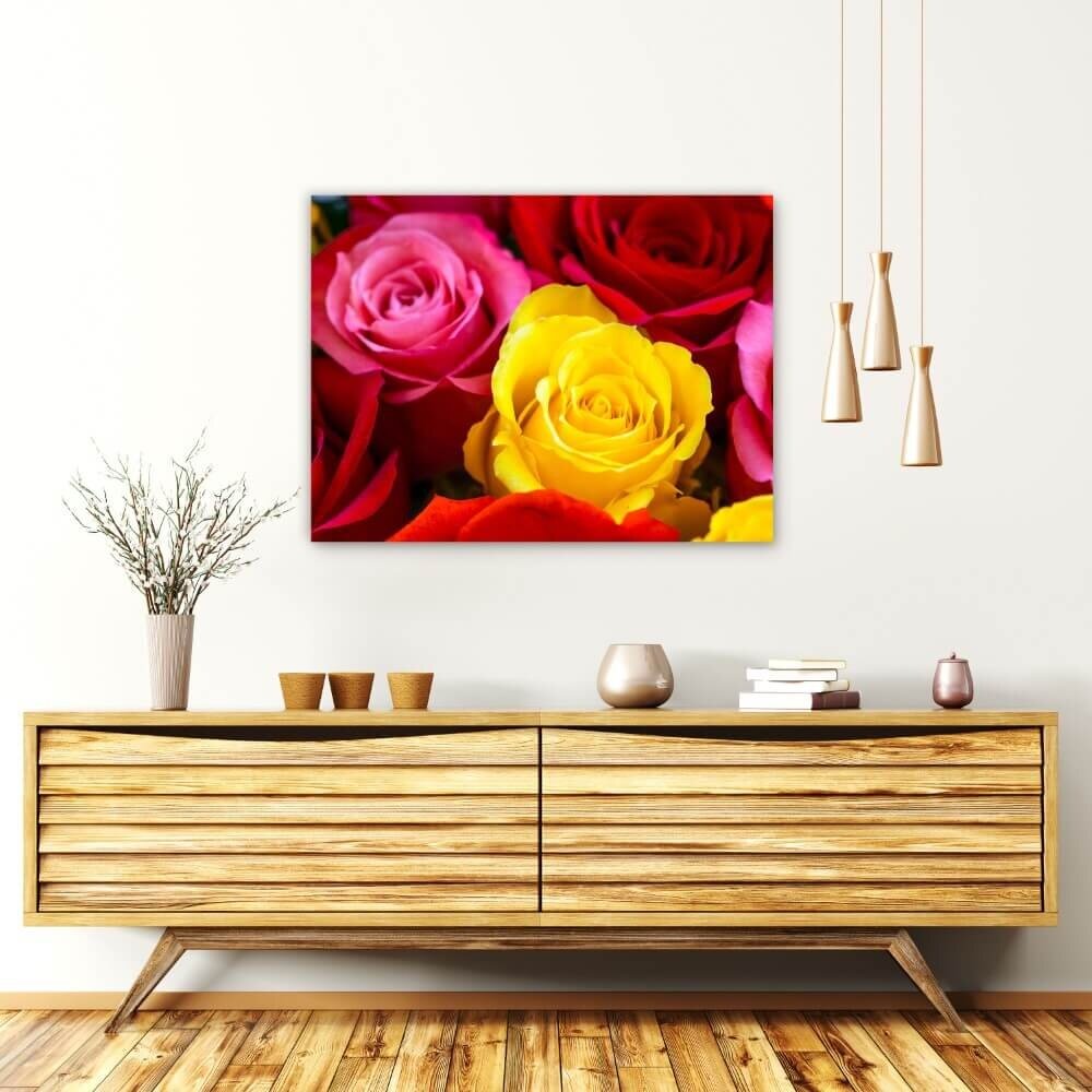 Schilderij Zonnig boeket van rode roze en gele rozen | 80 x 60 cm glasschilderij Schilderij Zonnig boeket van rode roze en gele rozen | 80 x 60 cm glasschilderij