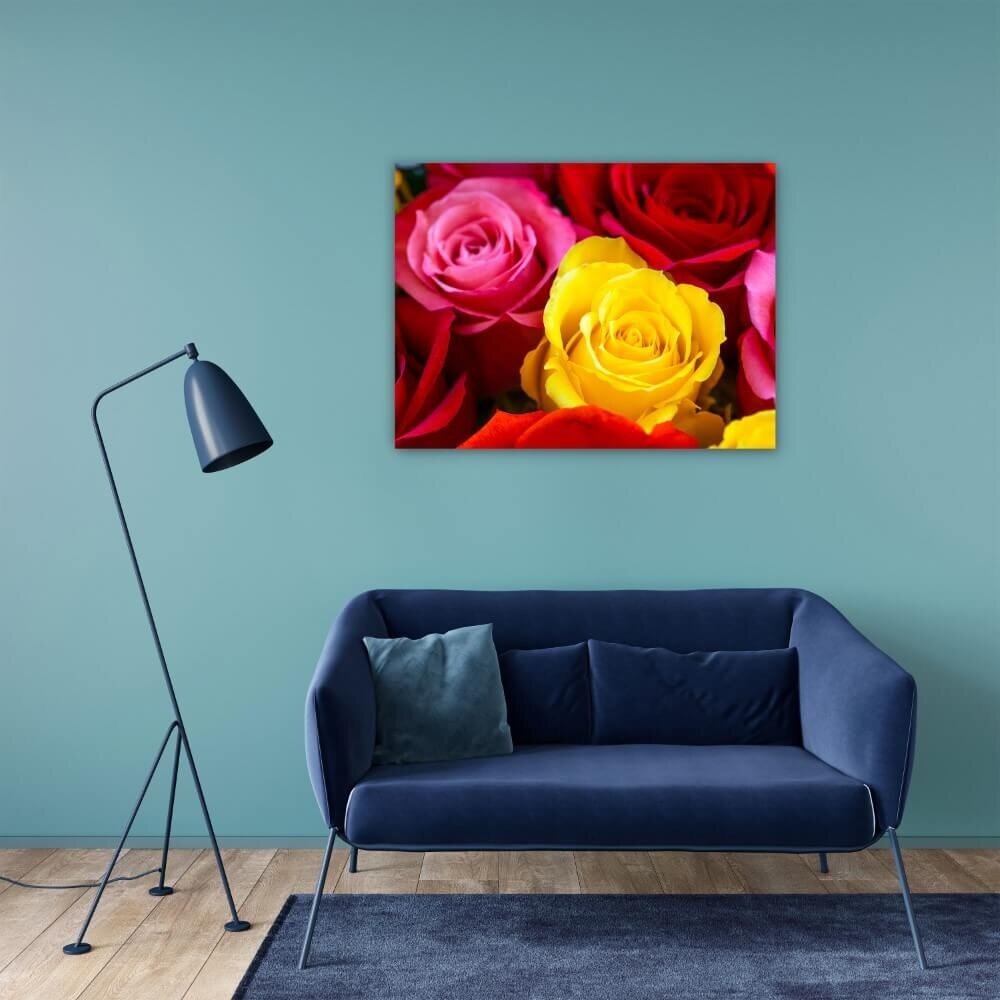 Schilderij Zonnig boeket van rode roze en gele rozen | 80 x 60 cm glasschilderij Schilderij Zonnig boeket van rode roze en gele rozen | 80 x 60 cm glasschilderij