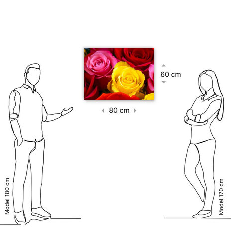 Schilderij Zonnig boeket van rode roze en gele rozen | 80 x 60 cm glasschilderij Schilderij Zonnig boeket van rode roze en gele rozen | 80 x 60 cm glasschilderij