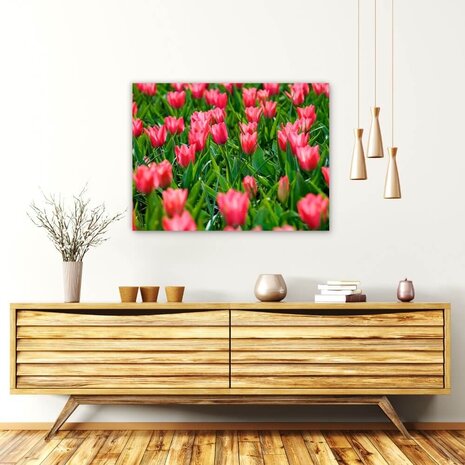 Schilderij Vrolijke roze tulpen | 80 x 60 cm glasschilderij Schilderij Vrolijke roze tulpen | 80 x 60 cm glasschilderij