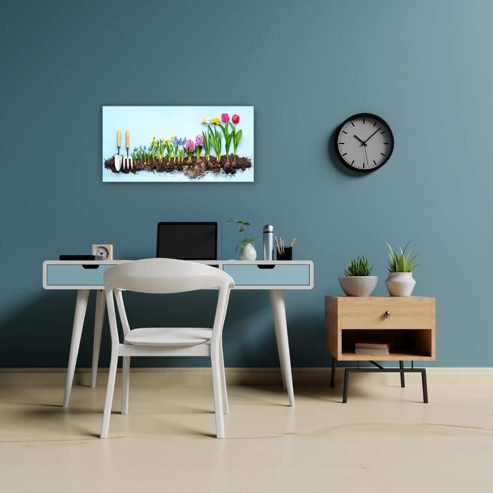 Schilderij Panorama lentebloeiers op een bedje van zand | 60 x 30 cm glasschilderij Schilderij Panorama lentebloeiers op een bedje van zand | 60 x 30 cm glasschilderij