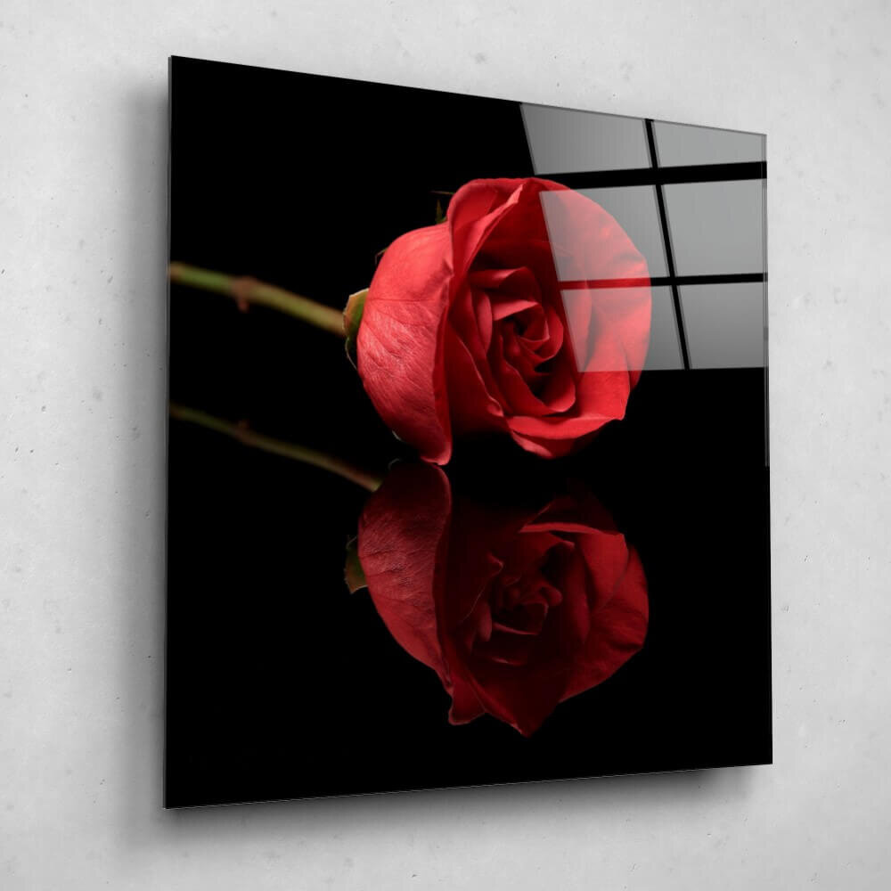 Schilderij Weerspiegeling van rode roos | 90 x 90 cm glasschilderij Schilderij Weerspiegeling van rode roos | 90 x 90 cm glasschilderij