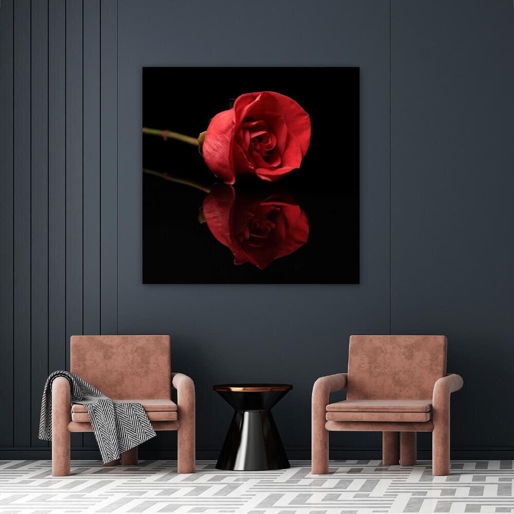 Schilderij Weerspiegeling van rode roos | 90 x 90 cm glasschilderij Schilderij Weerspiegeling van rode roos | 90 x 90 cm glasschilderij