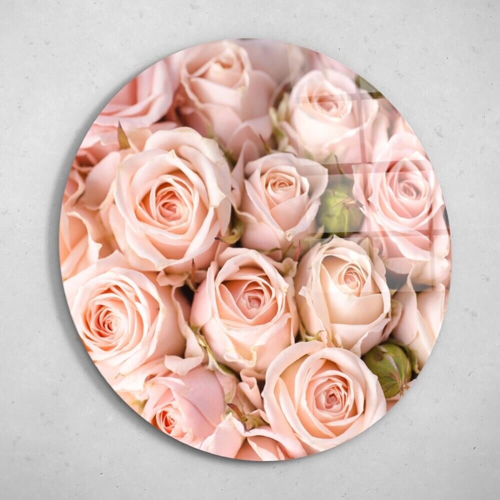 Schilderij Oase van lichtroze rozen | Rond 60 cm glasschilderij Schilderij Oase van lichtroze rozen | Rond 60 cm glasschilderij