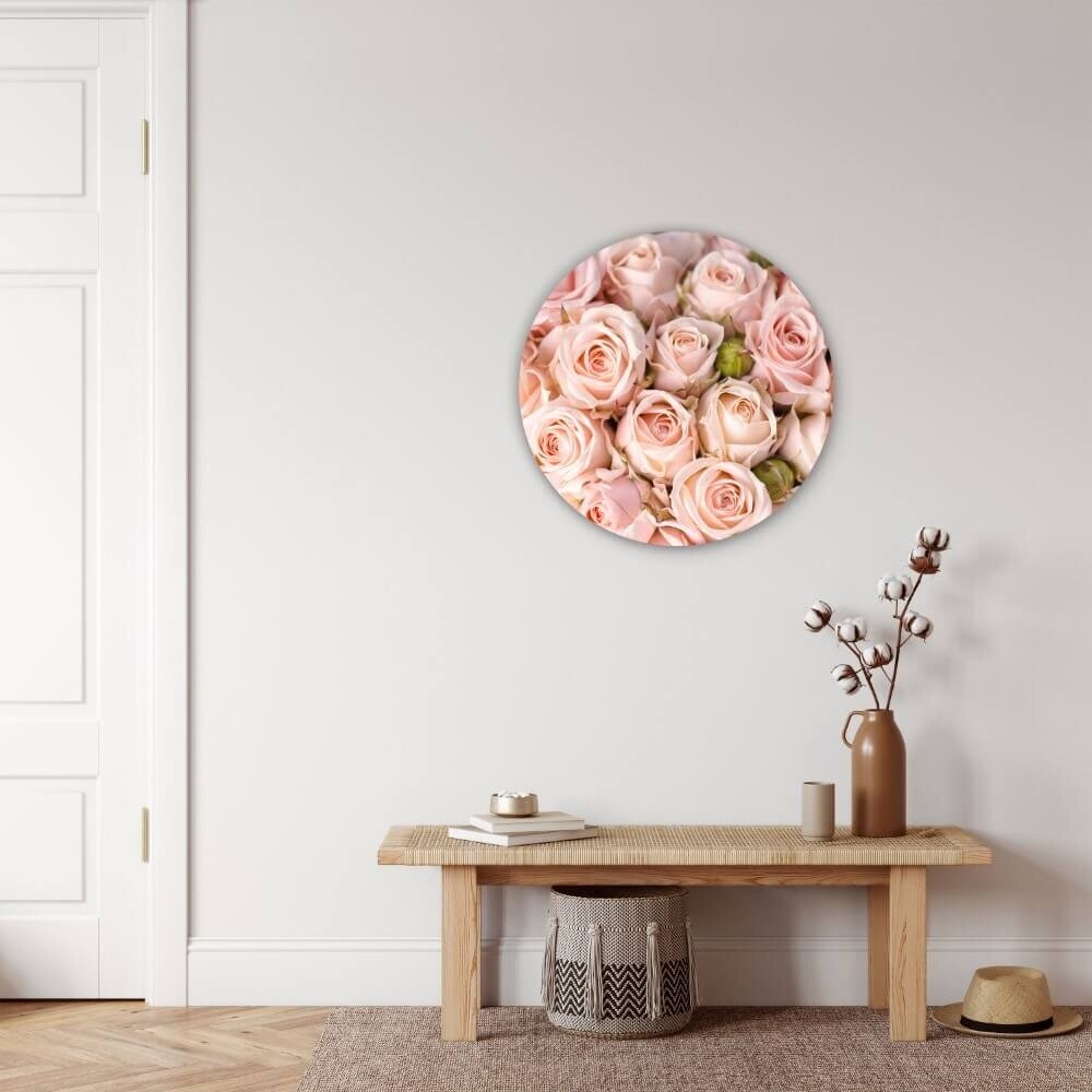 Schilderij Oase van lichtroze rozen | Rond 60 cm glasschilderij Schilderij Oase van lichtroze rozen | Rond 60 cm glasschilderij