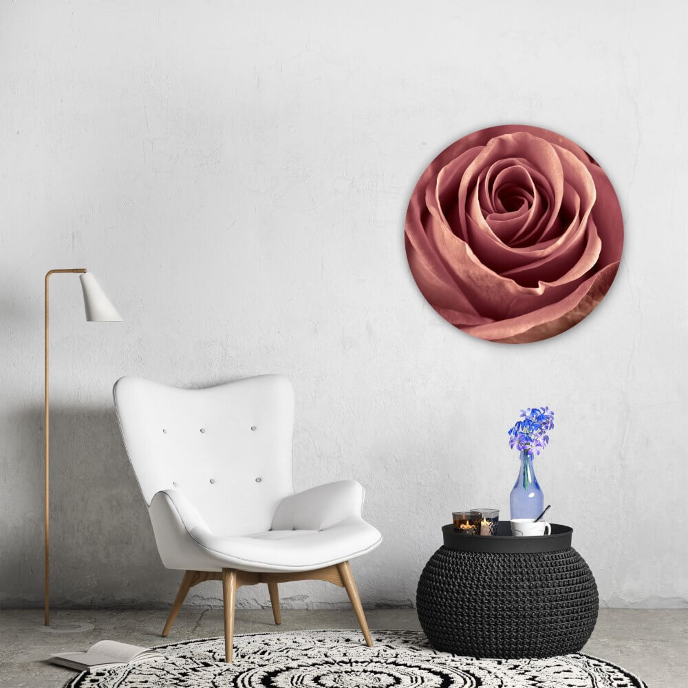 Schilderij Close-up van oudroze roos | Rond 70 cm glasschilderij Schilderij Close-up van oudroze roos | Rond 70 cm glasschilderij