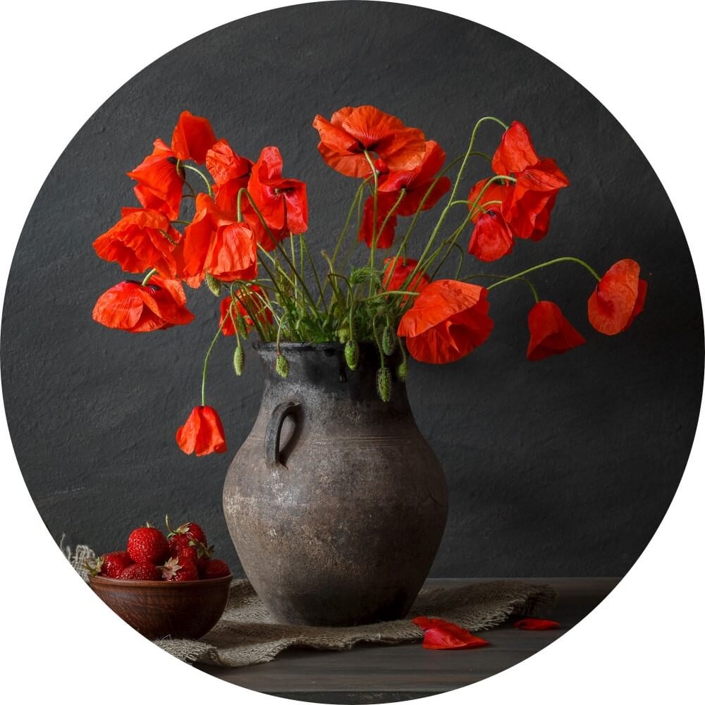 Muurcirkel Stilleven van schalen vaas met klaprozen Muurcirkel Stilleven van schalen vaas met klaprozen