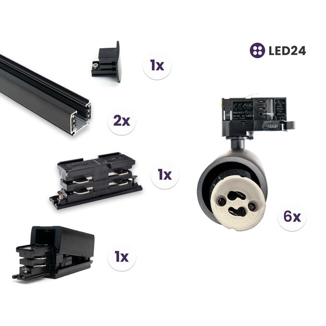PURPL Kit complet d'éclairage sur rail triphasé - Noir - 3 m - 6 spots GU10