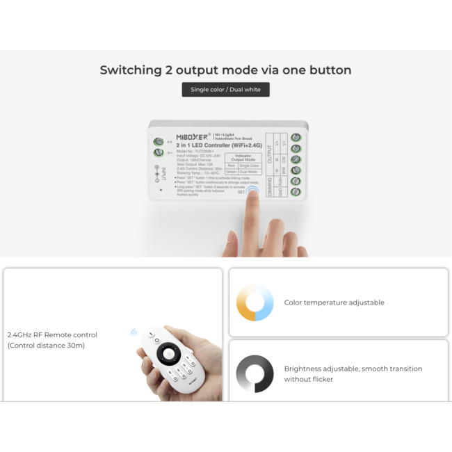 MiBoxer/Mi-Light Contrôleur LED 2-en-1 WiFi 2,4 GHz - Pour bandes monochromes et CCT - FUT035W+