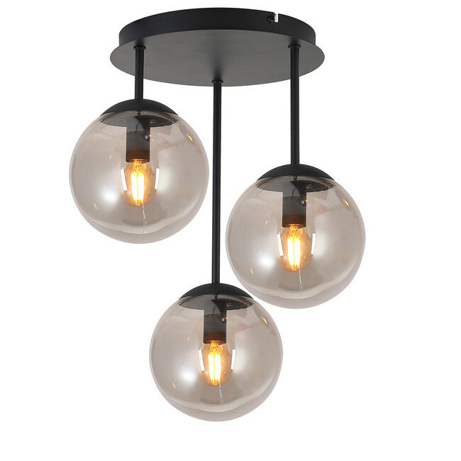PURPL Plafonnier Design Globe Cluster - 3 Lumières - Verre Fumé - Douilles E27 - Rosace Ronde en Métal Noir - Hauteur 40 cm