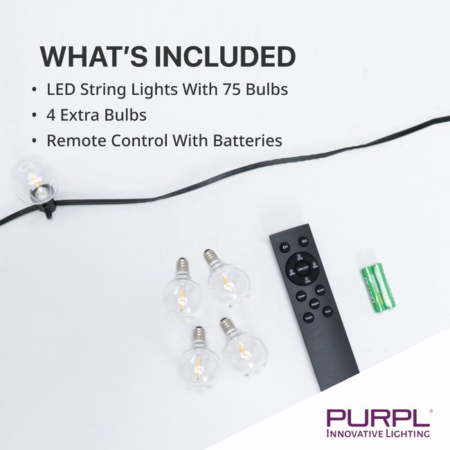 PURPL Guirlande lumineuse G40 24 V | 75 ampoules | Blanc chaud 2700 K | 42 m | IP45 | Prise européenne