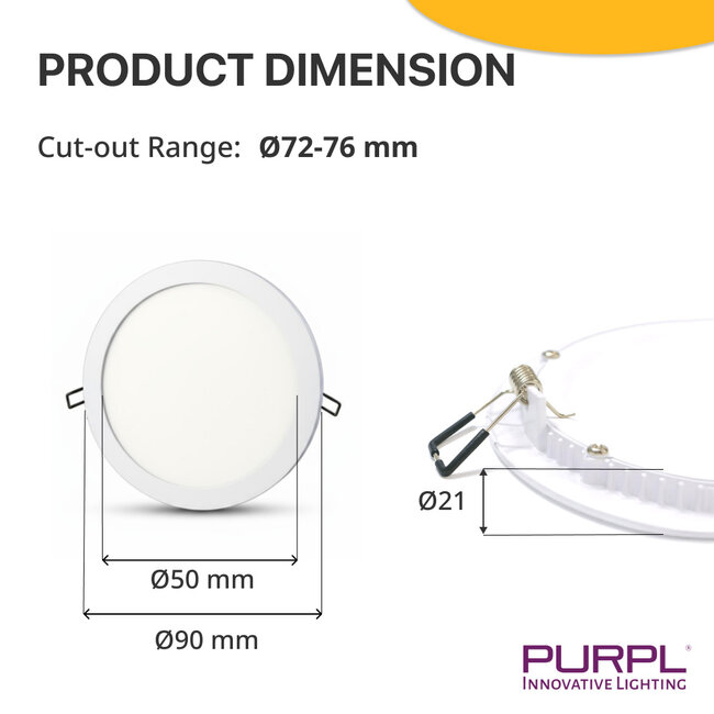 PURPL Spot LED Downlight encastrable | 3W | ø90 mm | 3000K Blanc chaud | IP20 | Rond | Blanc