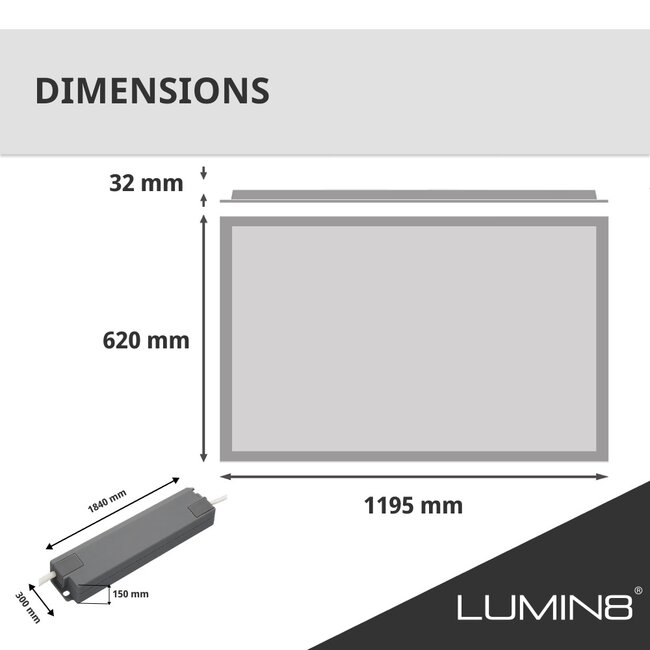Lumin8 Panneau LED 60x120 | 38W | Blanc Froid 6000K | 6840 lm | 180 lm/W | UGR<22 | Sans scintillement | Rétroéclairé