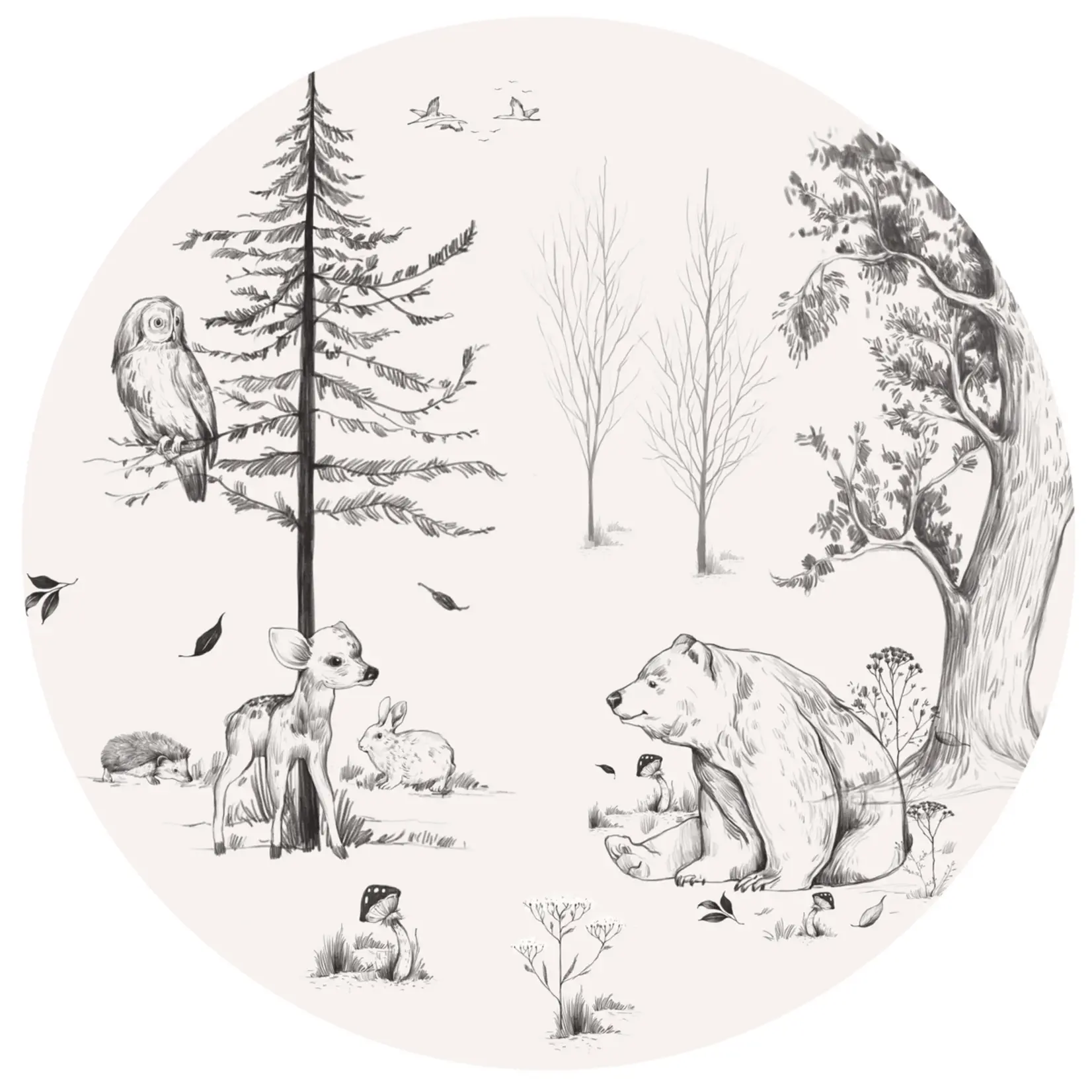 ELLIE Studio Zelfklevende behangcirkel met bosdieren | zwart wit