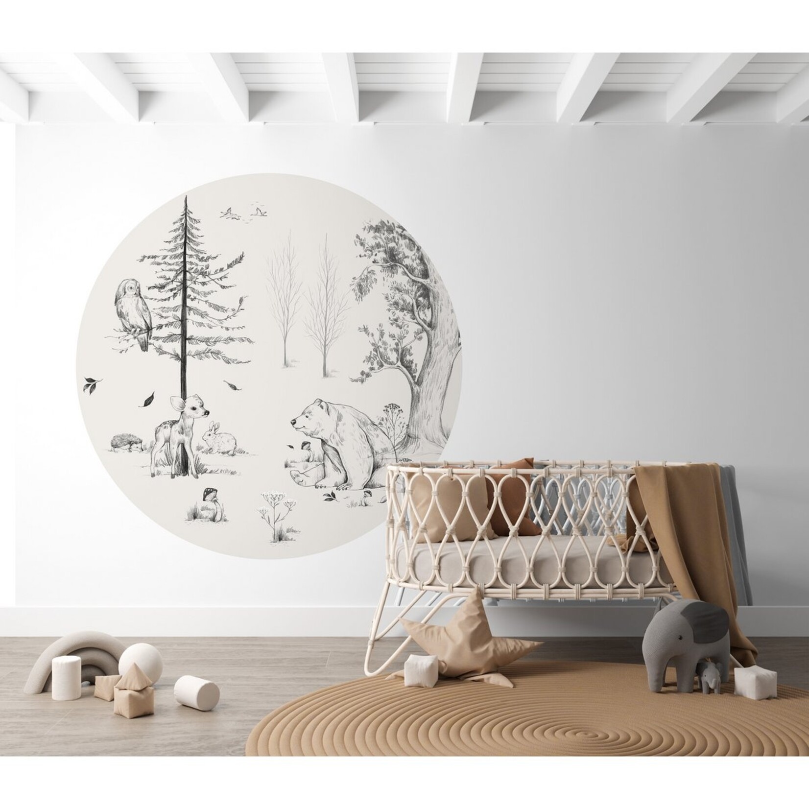 ELLIE Studio Zelfklevende behangcirkel met bosdieren | zwart wit