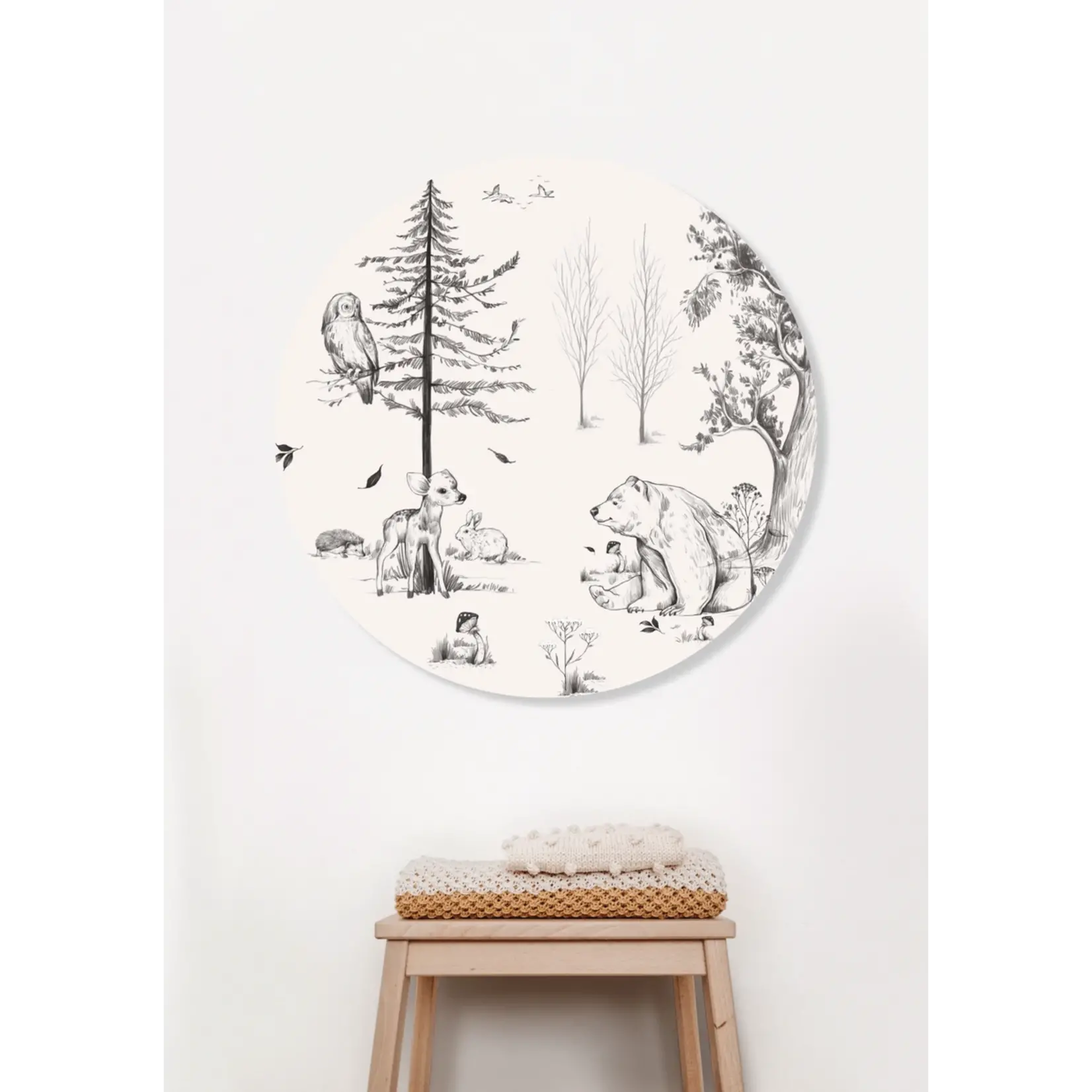 ELLIE Studio Zelfklevende behangcirkel met bosdieren | zwart wit