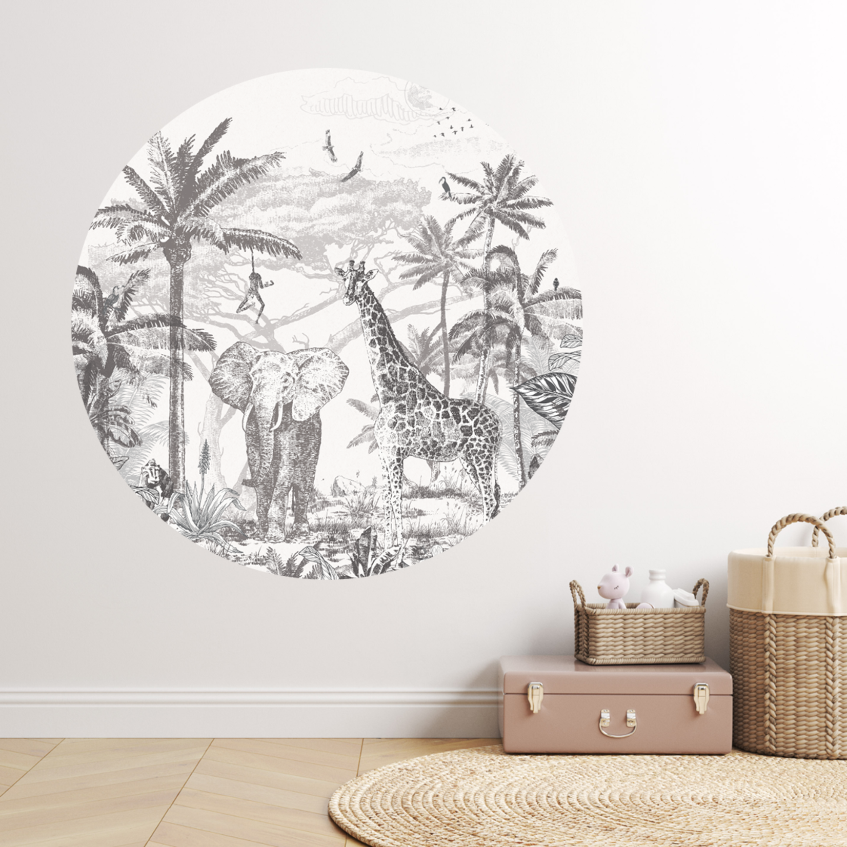 ELLIE Studio Zelfklevende behangcirkel met Jungle thema | zwart wit