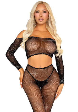 Leg Avenue Fishnet Croptop en Legging met Strass - One size