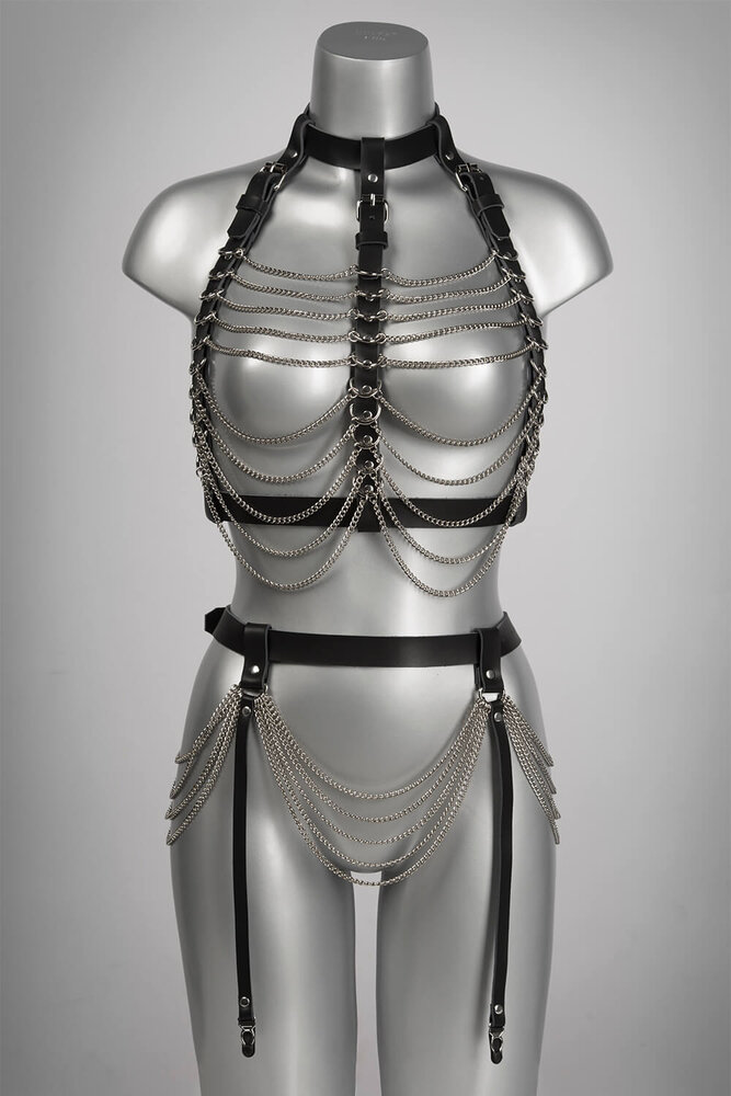 VoyeurX Leren jarretel met Rose Gouden kettingen Fascinate