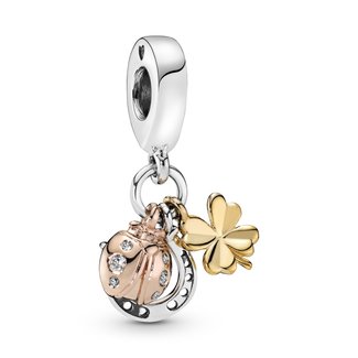 Pandora Horseshoe, clover and ladybird in silver, 14k gold-plated and 14k rose gold-plated dangle with clear cubic zirconia 798717C01