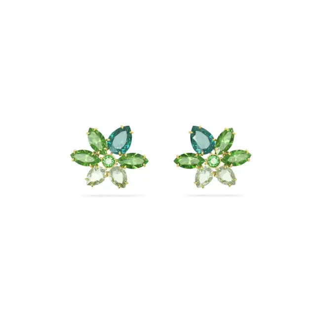 Swarovski Gema stud earrings, Mixed cuts, Flower, Green, Gold-tone plated