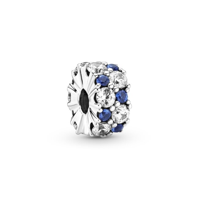 Pandora Sterling silver clip with clear cubic zirconia and stellar blue crystal and silicone grip