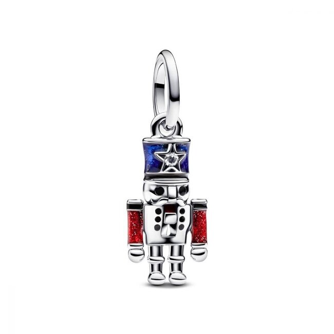 Pandora Moveable nutcracker sterling silver dangle with clear cubic zirconia, glittery blue, red and black enamel