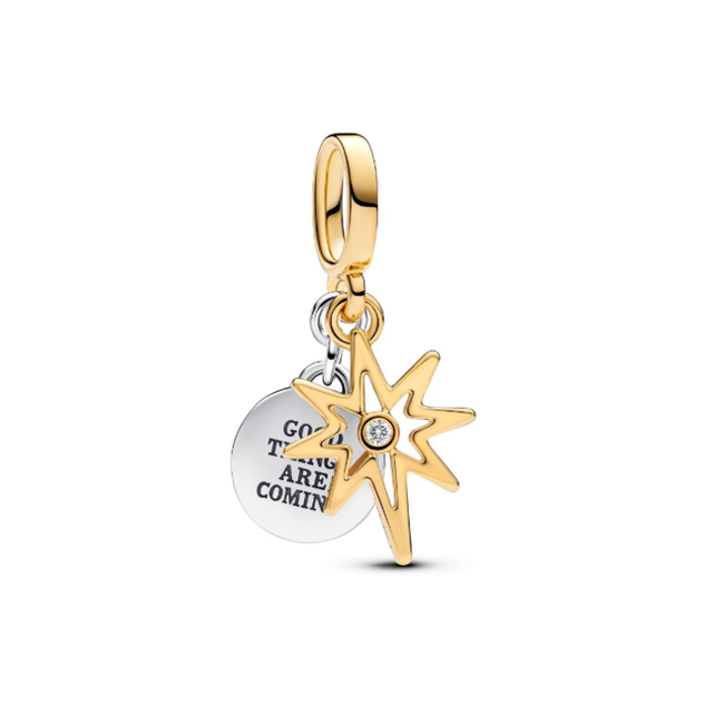 Pandora ngravable star sterling silver and 14k gold plated double dangle+ round brilliant lab-grown diamond