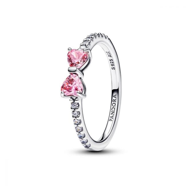Pandora Bow sterling silver ring with fancy pink and clear cubic zirconia