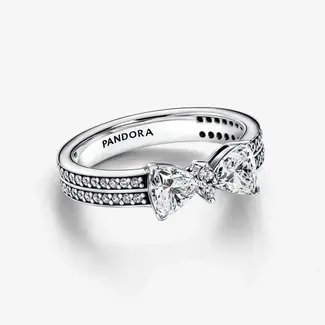 Pandora Bow sterling silver double ring with clear cubic zirconia 54