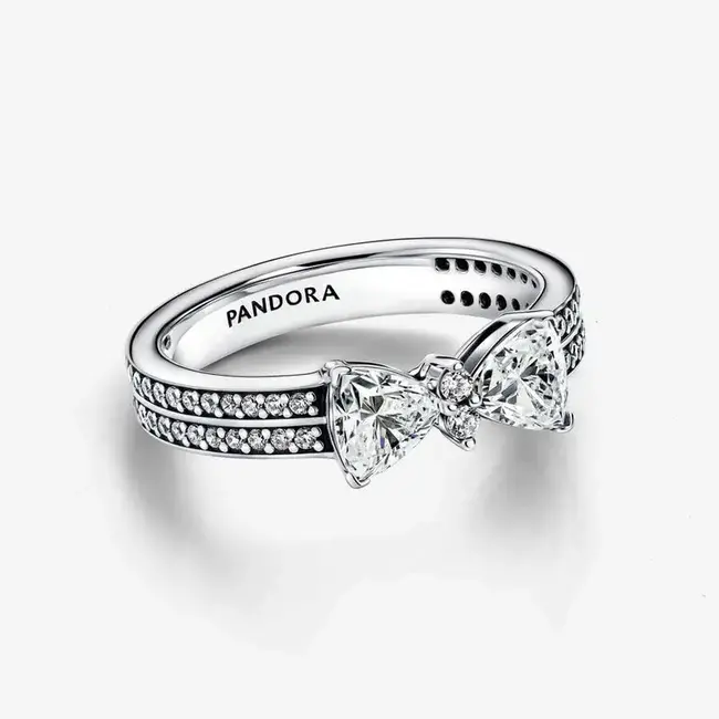 Pandora Bow sterling silver double ring with clear cubic zirconia 54
