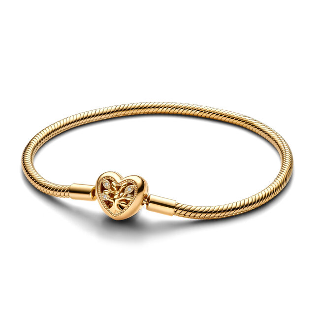 Pandora Snake chain 14k gold-plated bracelet and heart clasp with clear cubic zirconia and black enamel